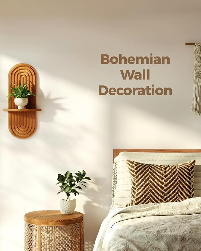 Bamworld Boho Wall Decor Plant Wall Shelf Wooden Plant Holder Brown | Mid Century Modern Decor Hanging Plant Shelf Wood Floating Shelves for Home Bedroom Living Room Holding Planter Decoration - Image 3