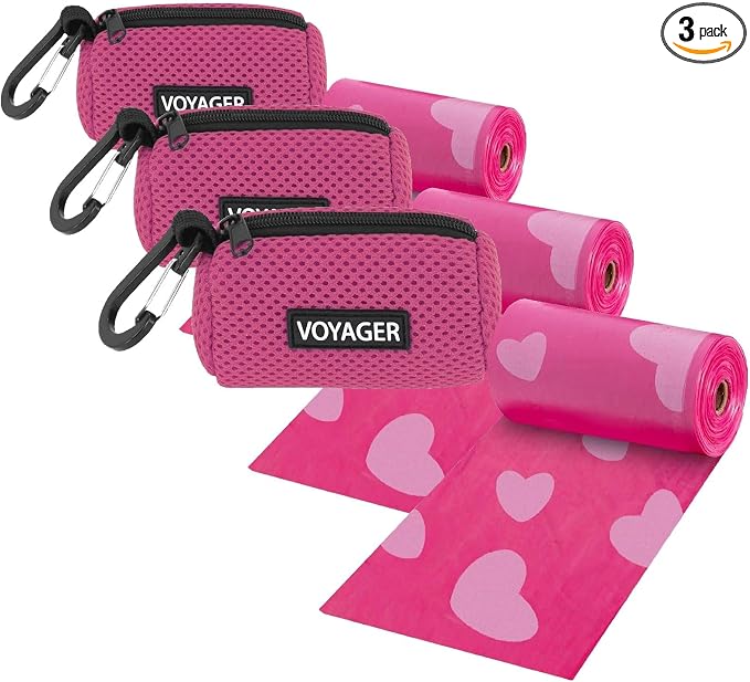 Best Pet Supplies Dog Poop Bag Holder Leash Attachment with 15 Bags, Fuchsia, Reusable Mesh Dispenser Pouch for Travel, Walking, Park, and Outdoor Use, Soft and Durable with Clip-On (Pack of 3) by BestPetSuppliesLLC