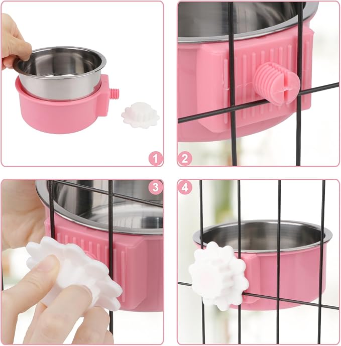 Hypeety Dog Crate Water Bowl No Spill Hanging Attachable Bowls for Kennel | Durable stainless steel, pet food dishes, with non-slip base, easy to clean, for small dogs/cats/rabbits/parrots, 2pcs, pink - Image 4