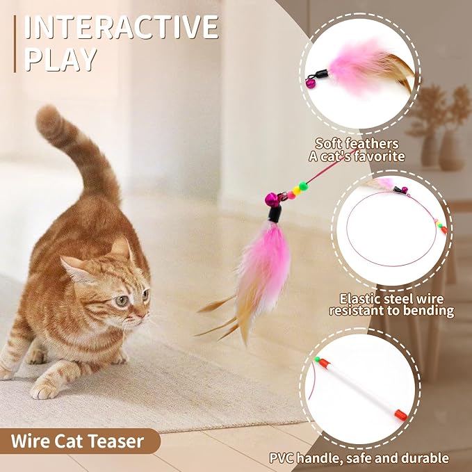 iCAGY 25 Pcs Cat Toys Set, Cat Tunnel Toy for Indoor Cats, Kittens | Interactive Variety Pack, 20 inches Cat Tunnel, Feather Teaser, Feather Golf, Mice, Springs, Balls, Noise Toys - Black 20" - Image 6