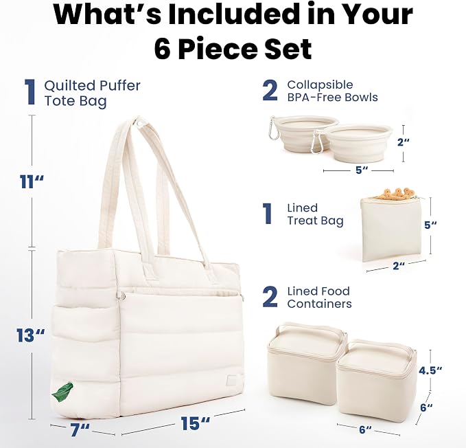 Rubyloo Puffer Dog Travel Bag for Dog Moms, Diaper Bag with Travel Bowls | 2 BPA-Free Collapsible Bowls, 2 Pet Food Containers, 9 Pockets, Everyday Puffer Bag Works With or Without Your Dog, Beige - Image 3