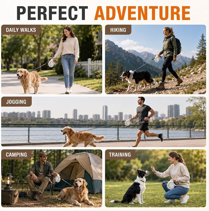 16.4 FT Heavy Duty Retractable Dog Leash for Dogs Up to 110 lbs, Strong Nylon Tape, 360° Tangle-Free Outlet, One-Handed Brake & Lock, Stainless Steel Spring, Comfortable Grip - Image 4