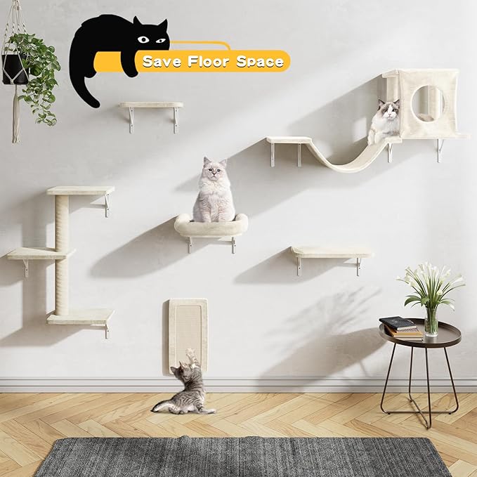 12-in-1 Cat Wall Shelves, Luxury Wall-Mounted Cat Climber Set | with Condos House, Scratching Post, Bridge Ladder, Indoor Space-Saving Furniture for Kittens, Beige - Image 5