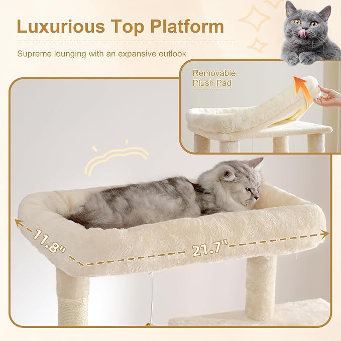 Heybly Cat Tree, 76-Inch Tall Heavy Duty Cat Tower for Big Cats HCT039M | Multi-Level Large Cat Furniture with Extra Wide Baseboard, 2 Condos & 2 Hammocks, 10 Scratching Posts, Beige - Image 3