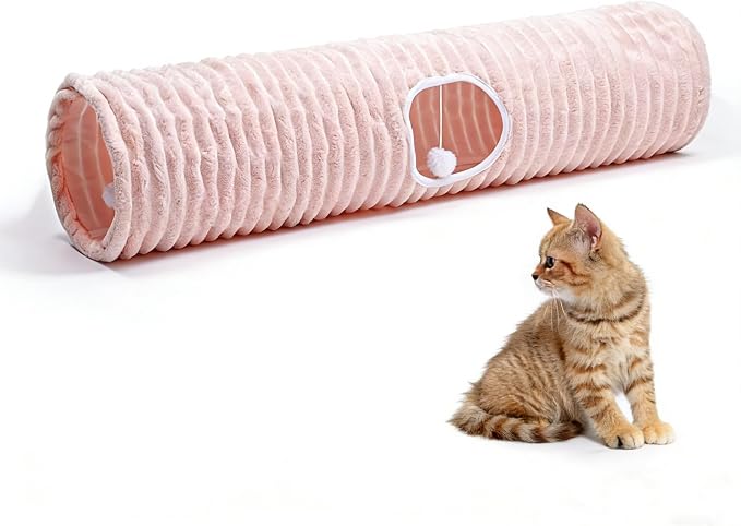 Luxurious Cat Tunnel,43" Straight Cat Tunnel Toys with Balls for Indoor,Collapsible Peekaboo Cave for Kitten（Pink Stripe） by FORMYCATIE