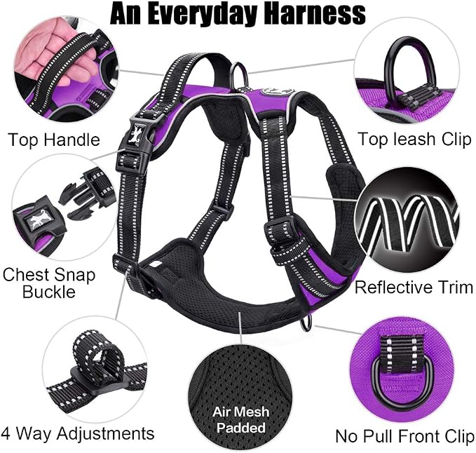 PoyPet No Pull Dog Harness Large, Reflective Vest with Front Clip & Handle | Easy On/Off, No Choke, Adjustable, 2 Leash D-rings, Soft Padded, Breathable, Oxford, for Walking Training, XL, Purple - Image 9