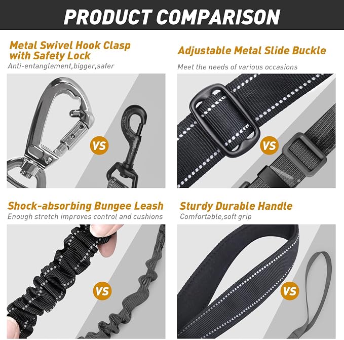 AUBELL Tactical Dog Leash Heavy Duty,4-6ft No Pull Bungee Leash,Black | Reflective Dog Leash for Medium Large Dogs with Comfortable Padded Double Handle,Car Seat Belt,360 Degree Rotating Carabiner - Image 5