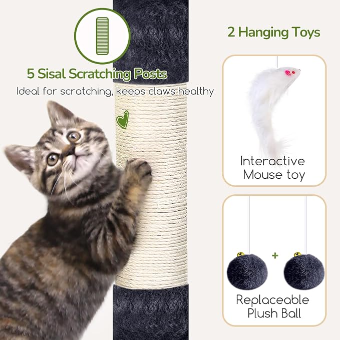 Globlazer 52in Cat Tree Tower for Indoor Cats, 2 Condos, S52, Dark Grey | Multi-Level Plush House, 5 Sisal Scratching Posts, 2 Padded Top Perches, Big Metal Basket, Stable Enlarged Base - Image 5