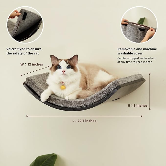Cat Shelf with Comfortable Cushion - Curved Modern Cat Bed (Large Size) - Lotus Leaf Design Cats Wall Perch - Wall Mounted Cats Furniture for Sleeping, Playing, Climbing, and Lounging, Walnut - Image 3