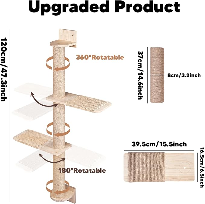 Tall Wall Cat Tree 47"‌, Wood Cat Wall Shelves Wall-Mounted Scratching Post | with Natural Jute Rope Adjustable Cat Tower for Indoor Cats (3-Tier Cat Tree, Natural Sisal Color) - Image 2