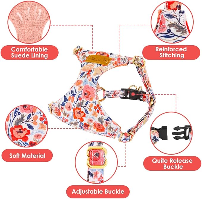 SlowTon No Pull Dog Harness with Leash for Small Medium Dogs, Flower S | Floral Pattern, Step-in, Lightweight, Easy Put On and Off, No Choke, Soft Cotton and Suede for Daily Walking - Image 5