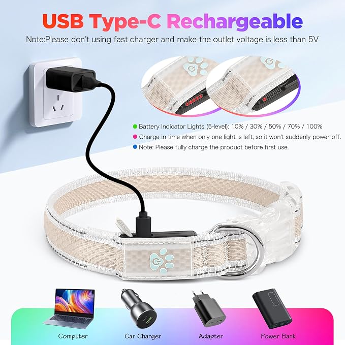 Flashseen Light up Collars for Dogs at Night, RGB 9-Mode, USB Rechargeable | Color Changing LED Lighted Dog Collar, Super Bright Adjustable Glow Collar for Night Walking (Soft Pink, Large) - Image 5
