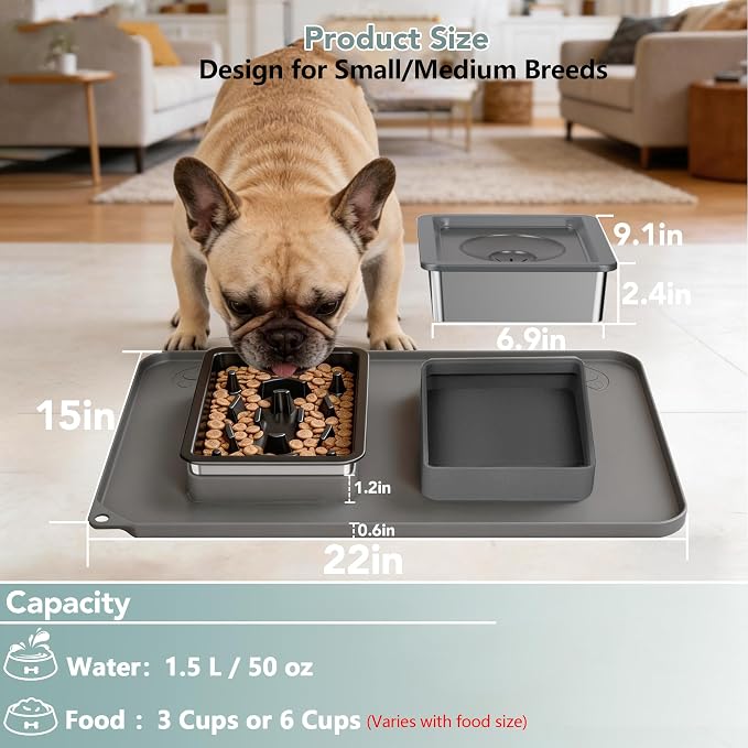 Dog Bowl Set, No Spill Dog Water and Food Bowl with Slow Feeder | Large Capacity 304 Stainless Steel Bowls, 3-In-1 Set, Slow Drinking, Anti-Slip Mat, Easy to Clean, Home/Travel, 6-7 Cups - Image 2
