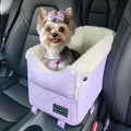 PETSFIT Cat Car Seat with Dual Adjustable Seat-Rail Anchor Hooks | Anti-Collapse Leather Dog Console Car Seat with Safety Tether, Washable Cushion, Soft Pillow for Pets Under 8 lbs, Purple by Petsfit