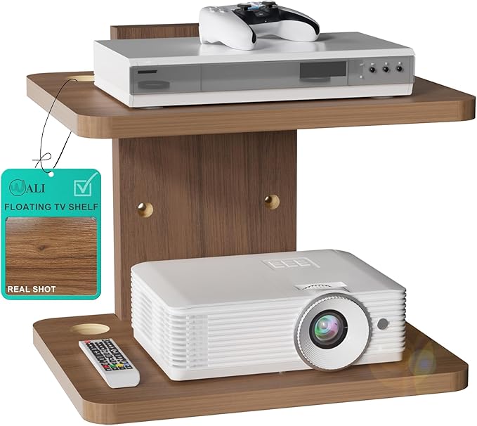 WALI Floating TV Shelf, 2 Tier Projector Shelf for DVD Players, Routers, Game Consoles, Cable Boxes, Living Room Decor Accessories, Wall Mount Shelves Holds Up to 22lbs (CS202N), 2-Shelf, Walnut Brown by WALI