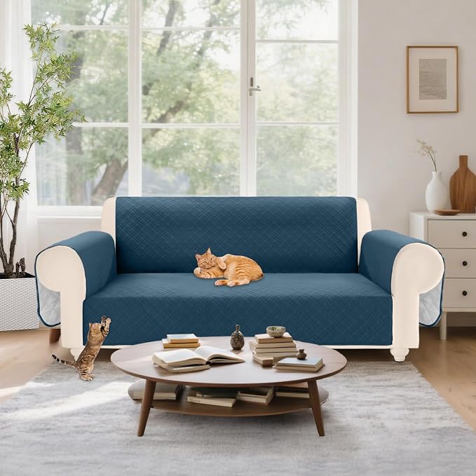 Velvet 100% Waterproof Loveseat Covers Washable Love Seat Couch Covers for 2 Cushion Couch Sofa Pet Friendly Sofa Slipcovers Dogs Furniture Protector with Pockets (Medium-XL, Dark Blue) - Image 7
