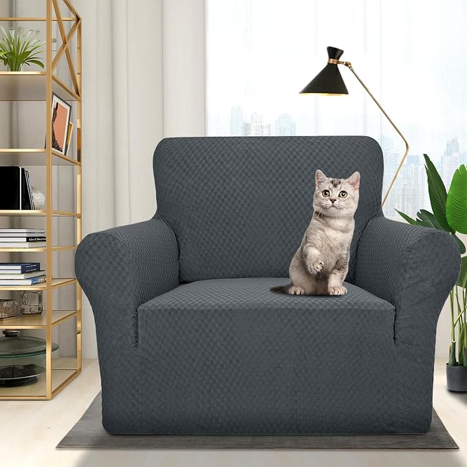 ZNSAYOTX 1 Piece Jacquard Chair Slipcovers for Living Room High Stretch Chair Covers with Arms Anti Slip Pets Friendly Couch Sofa Armchair Cover Furniture Protector (Chair, Dark Grey) - Image 2