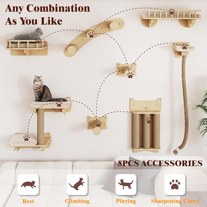 BYBYME 8 Pcs Cat Wall Climbing Set, Wood Cat Furniture with Scratching Posts, Kitten Perch, 100CM Sisal Rope & Cat Bed, Wall Mounted Cat Shelves for Sleeping, Playing & Relaxing（Natural Wood） - Image 4