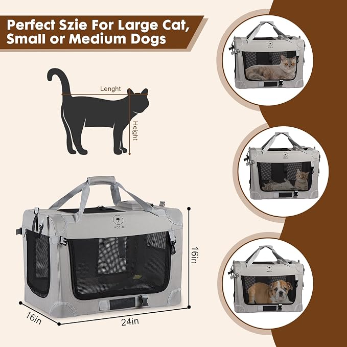 PEGIC Extra Large Cat Carrier for 2 Cats, Grey, X-Large | Portable Soft Sided, 24"×16"×16", Indoor and Outdoor Uses, For Car Traveling, Vest Visits - Image 6