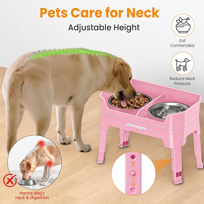 URPOWER Elevated Dog Bowls, 3-in-1 Double Deck Raised Dog Bowl Stand | 4 Height Adjustable Raised Stand with 2 Stainless Steel Food Bowls & Licking Plate for Small, Medium & Large Dogs - Image 6