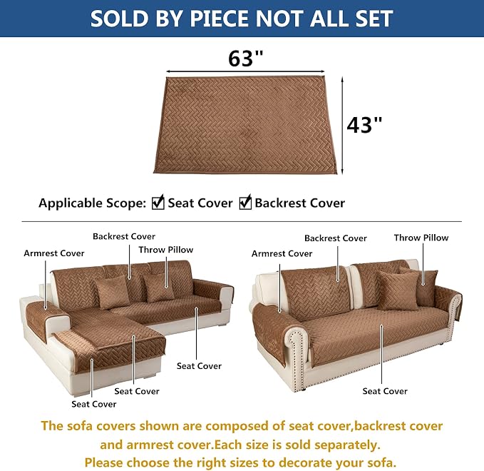 Eismodra Couch Cover,Sectional Couch Covers,Sofa Covers for 3 Cushion Couch,Anti-Slip Sofa Slipcovers for Dogs Cats Kids Loveseat Recliner L Shaped Armrest Backrest,Brown 43''x63''(Only 1 Piece) - Image 5
