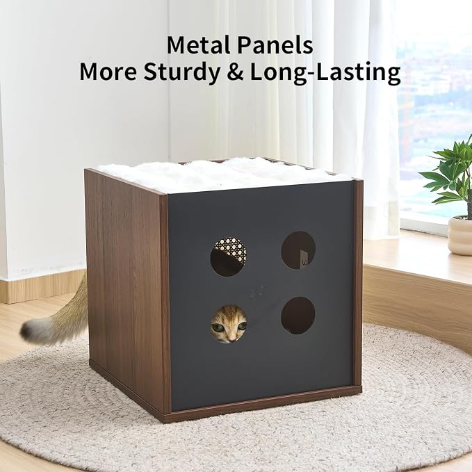 Wooden Indoor Cat House Suitable for Pets Under 66 Lbs, for Large Cats, Sturdy & Durable Semi-Enclosed Cat Bed Condo with Removable Washable Plush Cushion,Easy Video Assembly - Image 4
