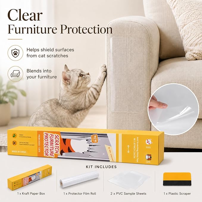 Cat Scratch Furniture Protector, 17 x 200 Inch Clear PVC Roll | 0.12 mm self-adhesive PVC with 2 test patches and a felt-edge squeegee for compatible smooth furniture surfaces - Image 5