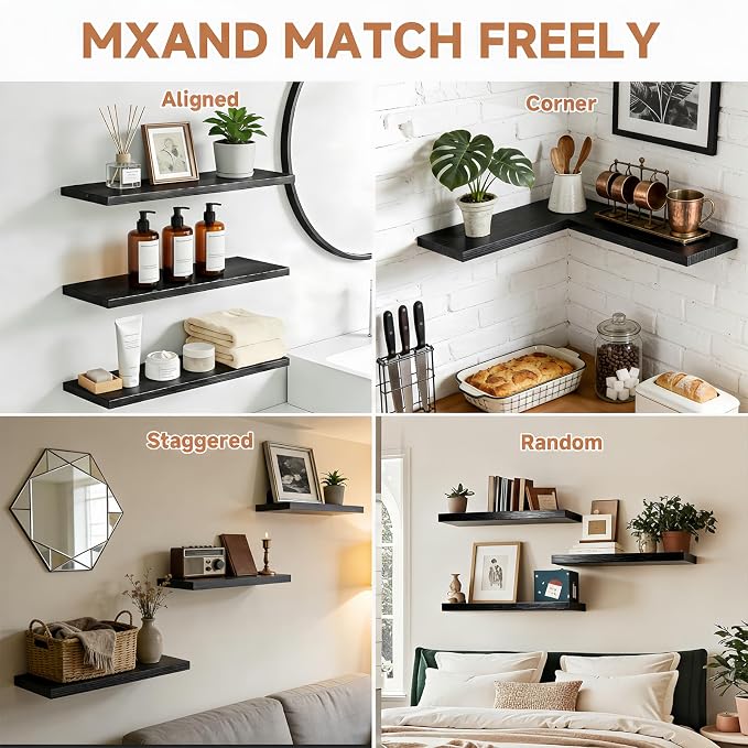 Easy Install Floating Shelves, Wall Mounted Wood Shelf,15.7 Inch | Hanging Shelf for Home Decor, Books and Storage, Small Organizer for Bedroom, Bathroom, Kitchen,Easy Floating Shelves ,Black - Image 5