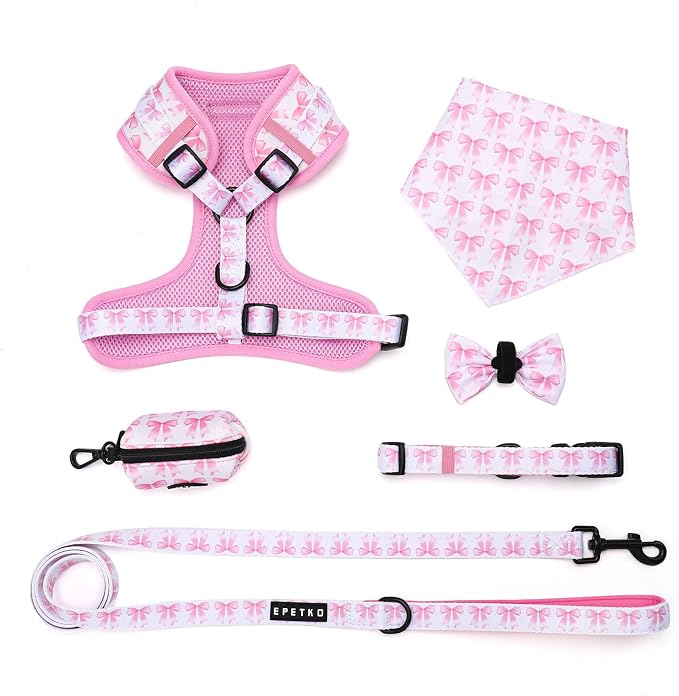 Small Dog Harness and Leash Set of 6, No Pull Soft Lightweight Mesh Puppy Harness, Adjustable Cute Floral Pattern Pet Harness for Small Medium Dogs (Pink Bow, S) - Image 2