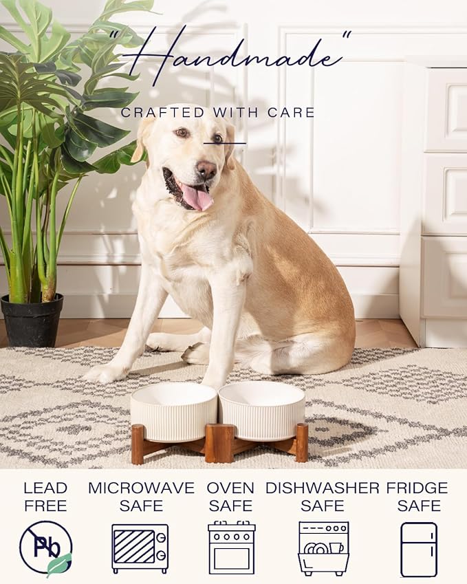 Getstar Ceramic Dog Bowls Set with Acacia Wood Stand, 3.5 Cups Pet Bowls Set of 2 for Medium Dogs, Cute Dog Raised Food Bowl, Cat Bowls - Image 5