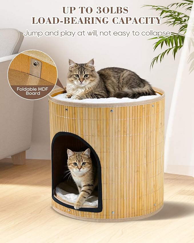 SYANDLVY Large Cat House, Kitten Condo with Bed for Indoor Cats, Portable ﻿ | 2-Tier Foldable Natural Bamboo Cave with Double-Sided Cushion, 15.5"x15.7" Washable Kitten Hideout - Image 4