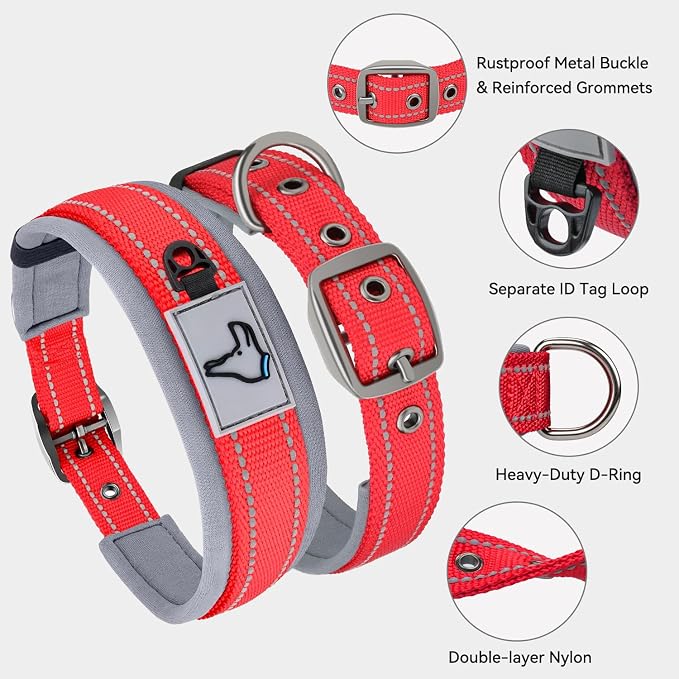 Joytale Reflective Dog Collar for Medium Dogs with Wide Padding, Red | Soft Cushion Reduce Neck Strain, Night Safety Walking, Metal Buckle and Adjustable Eyelets, Separated Dog ID Tag Ring - Image 3
