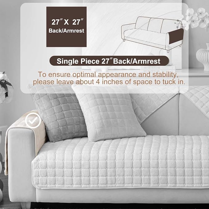 Velvet Washable Couch Cover for Pets Dogs, Non Slip Sectional Sofa Covers for 3 Cushion Couch Sofa L Sharped Sofa Slipcovers, Furniture Protector (1 PCS 27"x27",White) - Image 2