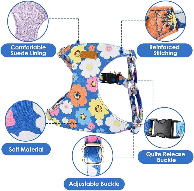 SlowTon No Pull Dog Harness with Leash for Small Medium Dogs, Blue S | Floral Pattern, Step-in, Lightweight, Easy Put On and Off, No Choke, Soft Cotton and Suede for Daily Walking - Image 5