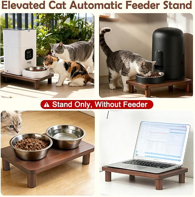 SZEE Cat Food Stand, Elevated Cat Feeder Stand for Automatic Feeder & Bowls | Lifted Cat Food Table Station, Raises Feeder/Bowl by 2 3/8", Relieves Spine and Joints Noticeably on Pets - Solid Walnut Wood - Image 3
