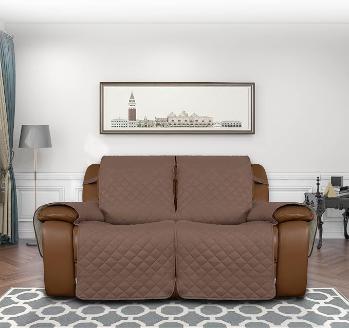 Easy-Going Loveseat Recliner Cover, Reversible Couch Cover for Double Recliner, Split Sofa Cover for Each Seat, Furniture Protector with Elastic Straps for Kids, Dogs, Pets(2 Seater, Brown/Beige) | Sofa Slipcover For Dogs, Sofa Cover For Loveseat Recli... - Image 2