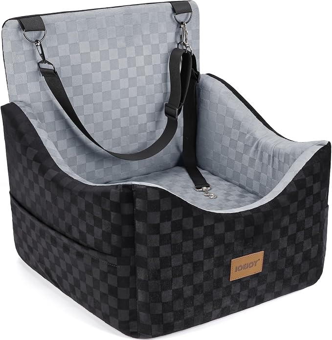 JOEJOY Elevated Dog Car Seat for Small/Medium Dogs up to 35 lbs, Memory Foam Booster Seat with Detachable Washable Cover, Travel-Safe Car Bed with Safety Belts & Storage Pockets, Grey by JOEJOY