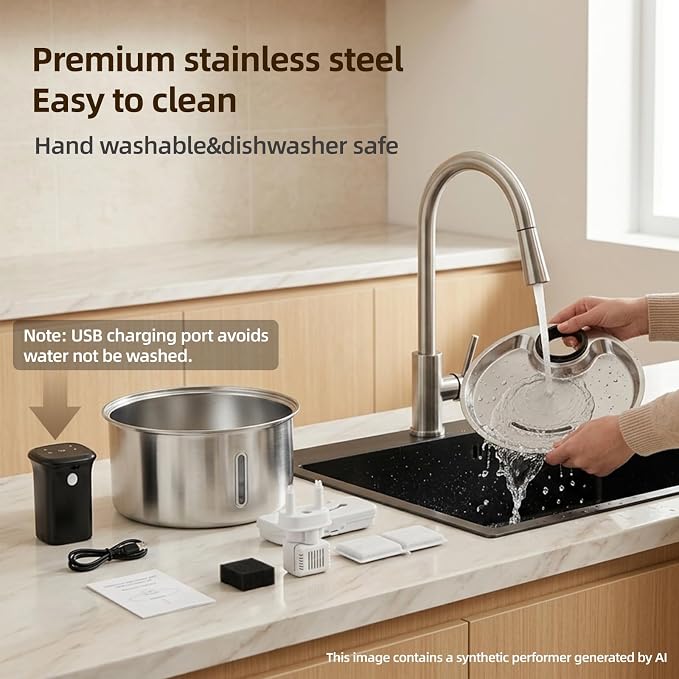 Jzlapro Wireless Cat Water Fountain,108oz Stainless Steel,Battery Operated | 3 Pack Filters | Cordless & Rechargeable | Motion Sensor | BPA-Free | DishwasherSafe | 20dB Ultra-Quiet | 3.2L capacity - Image 7