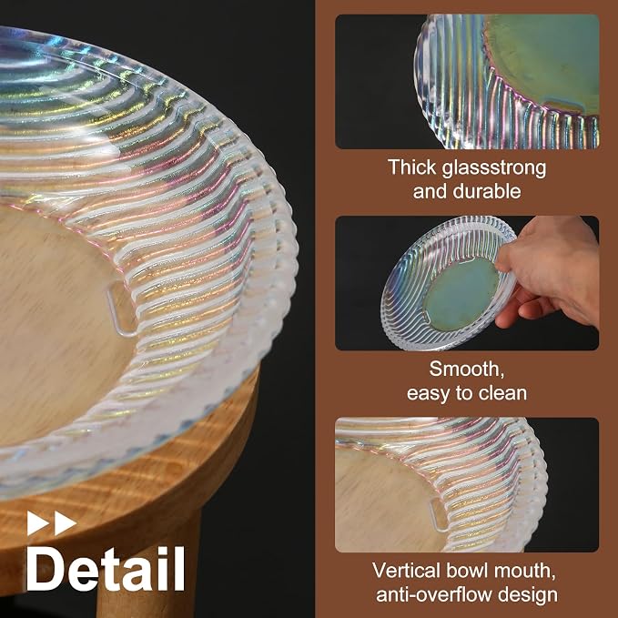 Cat Bowls Whisker Friendly with Wooden Stands. Raised Elevated Glass Whisker Fatigue Cat Bowl for Indoor Cats. 2PCS (Rainbow Colors) - Image 3