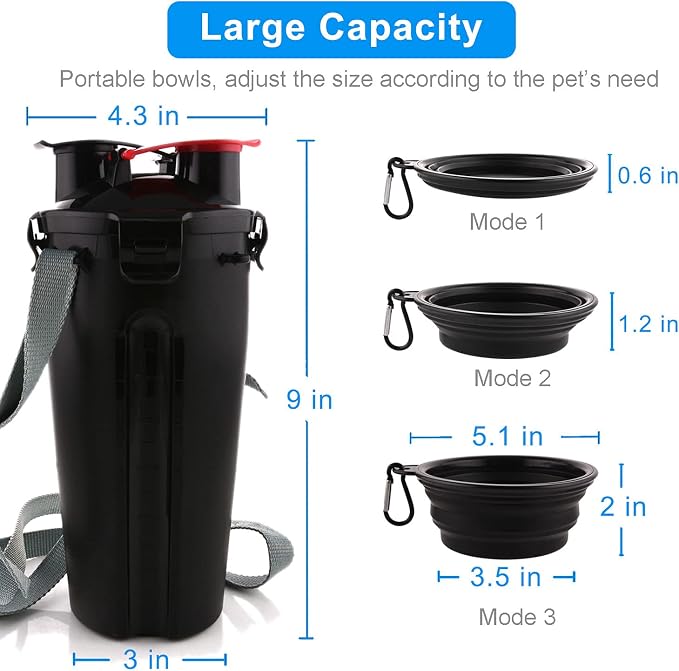 Dog Travel Water Bottle Collapsible Bowls, 2 in 1 Pet Food Container with Collapse Bowls, Outdoor Portable Water Bowls for Walking, Traveling, Camping and Hiking (Black) - Image 6