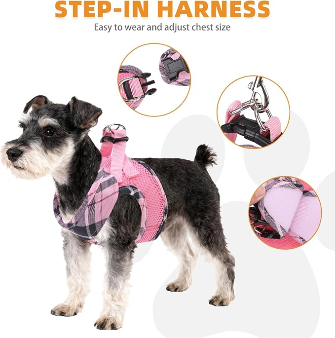 KOOLTAIL Small Dog Harness and Leash Set, Cute Pink Girl Puppy Harness, Step in No Pull Soft Mesh Pet Vest Harness Collar for Small Size Dogs Cats, Plaid Dog Halters for Outdoor Walking, Pink XS - Image 4
