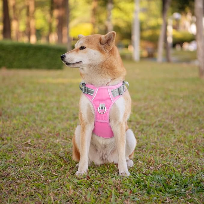 No Pull Dog Harness, Unique Colors Reflective Adjustable Dog Vest | with Soft Training Handle Metal Clips for Small Medium Large Dogs (Baby Pink Base & Grey Straps,M) - Image 3