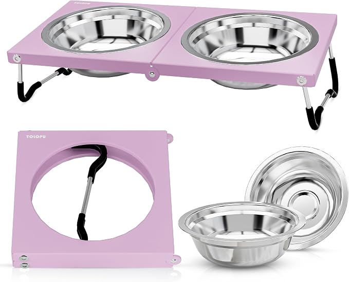 Upgraded Raised Cat Bowls,Elevated Bowls for Indoor Cats with Height Stand,Non-Slip Stainless Steel Cats Bowl,10° Tilted Cat Food Bowls (Pink Collapse, 1Pack) by Tolopu
