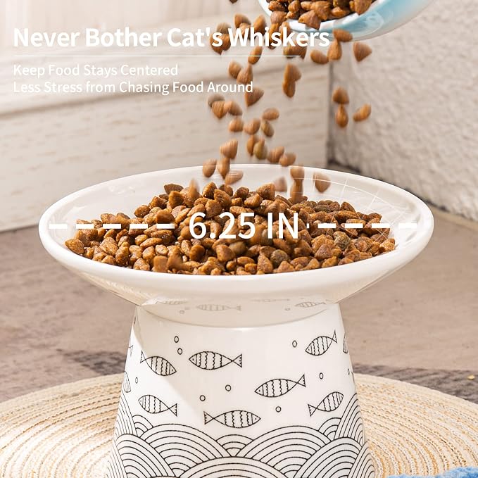 6.25 Inch Extra Wide Ceramic Raised Cat Bowls, 2 Packs | Shallow, Elevated Pet Bowl Dish Set, for Food & Water, Whisker Fatigue, Stress Free, Protect Spine, Black & Green Fish - Image 5