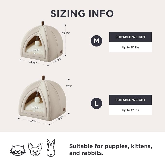 Bedsure 2in1 Cat Beds for Indoor Cats Cave for Kitten with Washable Pillow | 17.3in, Cat House for Small Dog, Covered Cat Tent, Foldable Hideaway, Fluffy Ball, Anti Slip Bottom,Removable Cushioned,Beige - Image 5