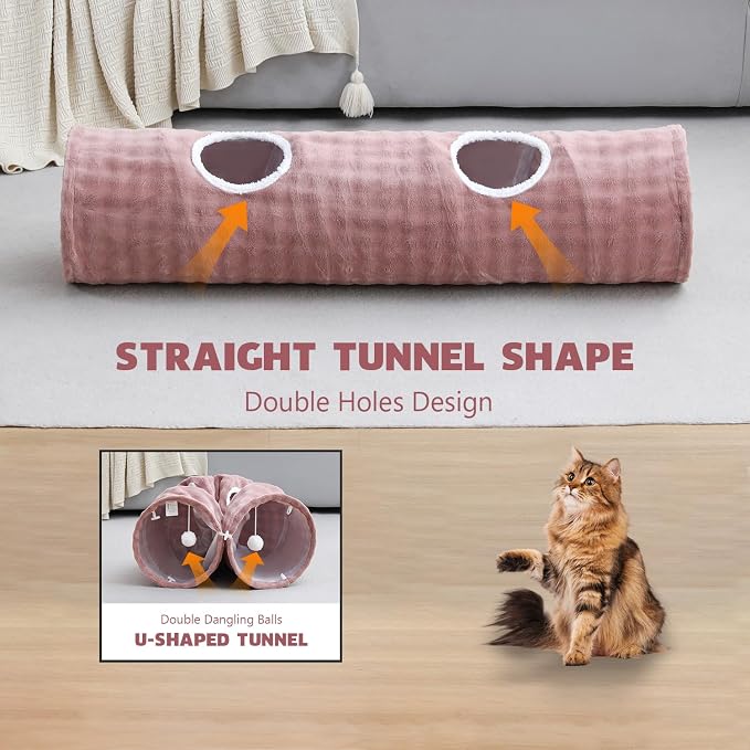 Straight Bubble Cat Tunnel for Indoor Cats 47"x12", Dusty Pink | Cute Cat Toys, Collapsible Tunnel Tube with Hanging Balls for Puppy Kitten Rabbit - Image 5