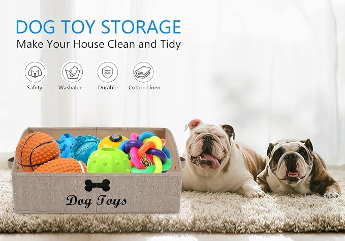 Morezi Linen-cotton blend dog toy basket and dog toy box, dog toy basket storage - Perfect for organizing pet toys, blankets, leashes, chew toys - Khaki Stripe - Dog - Image 2