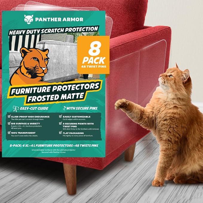 Panther Armor Cat Furniture Protector, 8 Matte Sheets with Twist Pins | Solid barrier shield, not a sticky deterrent. Couch protector from cat claws. 4 XL plus 4 large sheets, removable by PantherArmor
