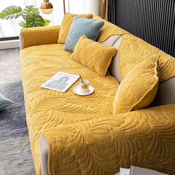 Couch Covers Plush Quilted Sofa Covers for Sectional Sofa Washable | Palm Leaves Couch Cover Chenille Non Slip Sofa Covers Soft Sofa Slipcover Furniture Protector for Pets Kids Children Dogs Cat - Image 5