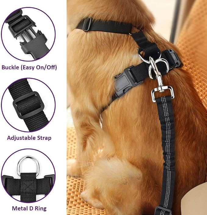 Lukovee Dog Car Harness Seat Belt, Harness & Seatbelt with 2 in 1 Buckle | Adjustable Soft Breathable Mesh Harness, Reflective Elastic Reflective Tether, for Small Medium Large Dogs Pets (Purple,XXS) - Image 4